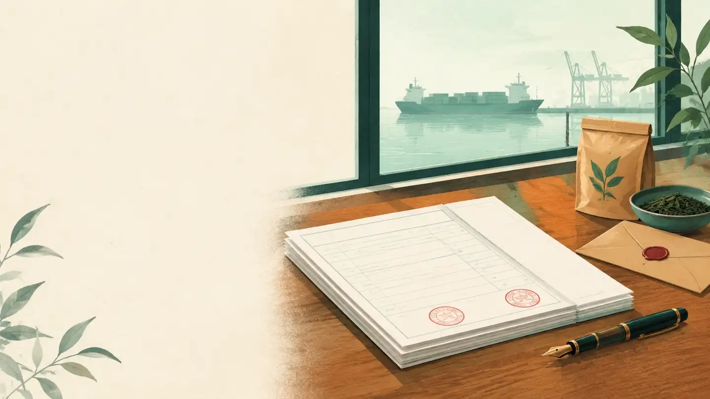 Illustration : une pile de formulaires vierges portant deux tampons rouges sur un bureau en bois, à côté d’un stylo-plume, d’une enveloppe scellée à la cire, d’un sachet en papier kraft et d’un bol de thé vert, avec un porte-conteneurs et des grues portuaires derrière la fenêtre.