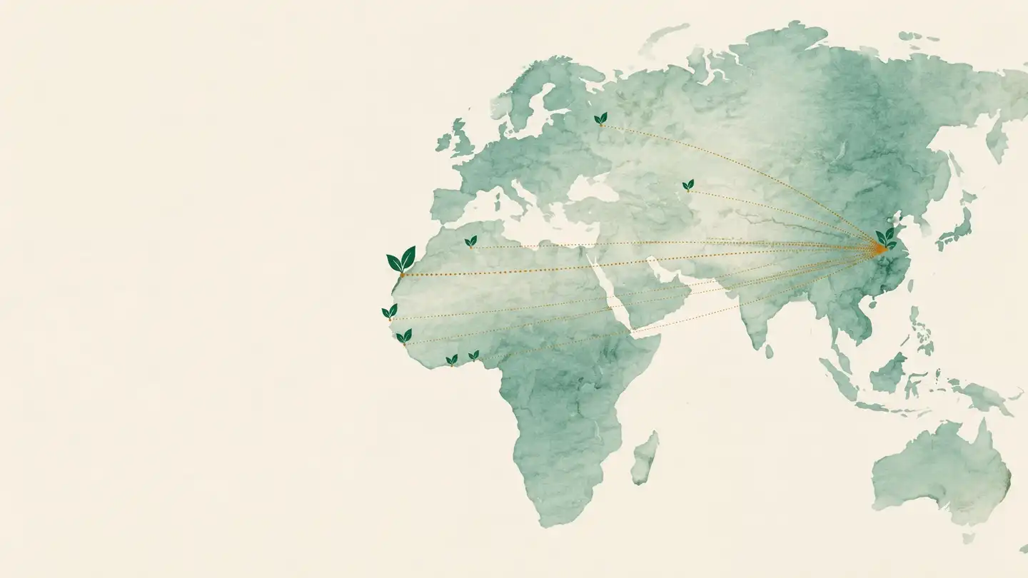 Illustration : une carte à l’aquarelle de l’Afrique, de l’Europe et de l’Asie, avec des routes en pointillés qui relient l’est de la Chine à des feuilles de thé, la plus grande sur le Maroc, les autres en Afrique de l’Ouest, sur le golfe de Guinée, en Algérie, en Asie centrale et en Russie.