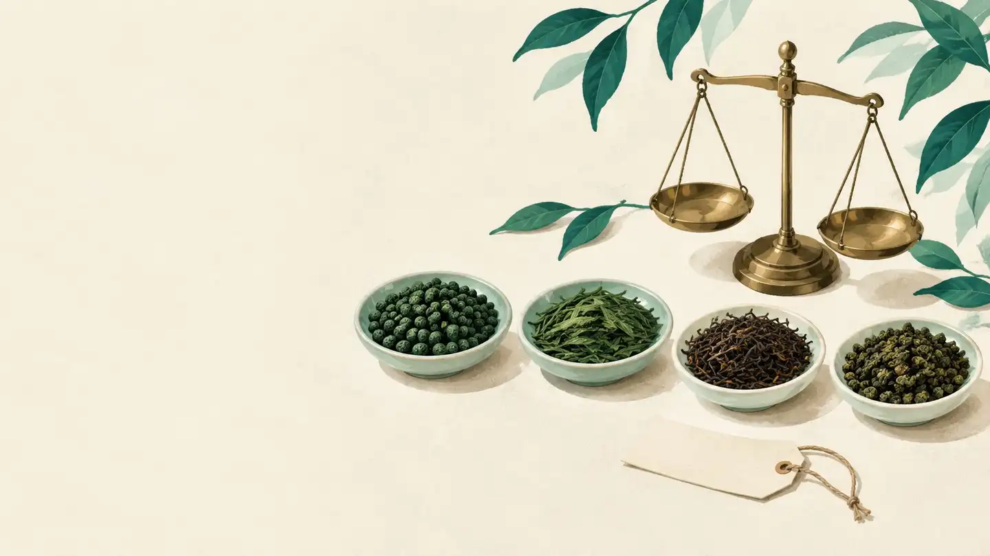 Illustration: a row of four pale green dishes of loose tea, holding rolled green pellets, long twisted green leaves, black tea and rolled oolong, beside a brass balance scale, a blank paper tag tied with string and sprigs of tea leaves.